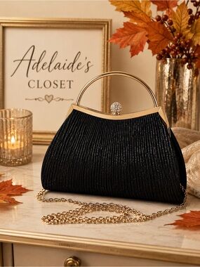 AIBAOWU Black Pleated Evening Bag Gold Handle Rhinestone Clasp